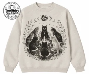 Cat Coven T-Shirt, Mystical Black Cat Tee, Witchy Moon Phase Shirt, Crystal Cats Graphic Tee, Gothic Cottagecore Gift for Cat Lovers 1 tai xuong