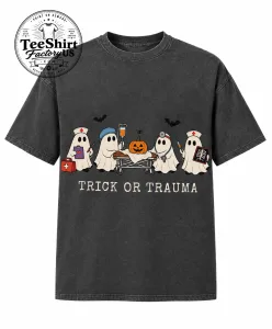 Trick or Trauma Nurse Shirt, Spooky Halloween Nurse Tee, ER Nurse Gift, Healthcare Worker Halloween, Ghost Nurse Comfort Colors 1 Thiet ke chua co ten 1 2