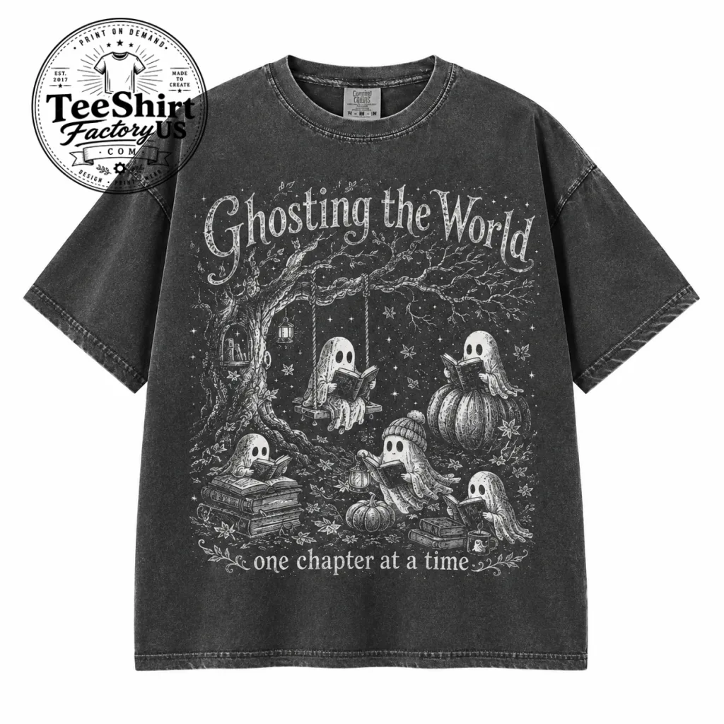 Thiết kế chưa có tên (4) Ghosting The World Halloween Comfort Colors® Shirt | One Chapter At A Time TShirt | Funny Book Lover Tee | Ghost Reader Fall