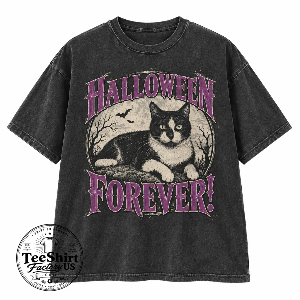 Thiết kế chưa có tên (10) Halloween Forever Tuxedo Cat Shirt, Custom Washed Cotton Tee, Gothic Style Cat Lover Gift, Vintage Style Spooky Hoodie, Hallo