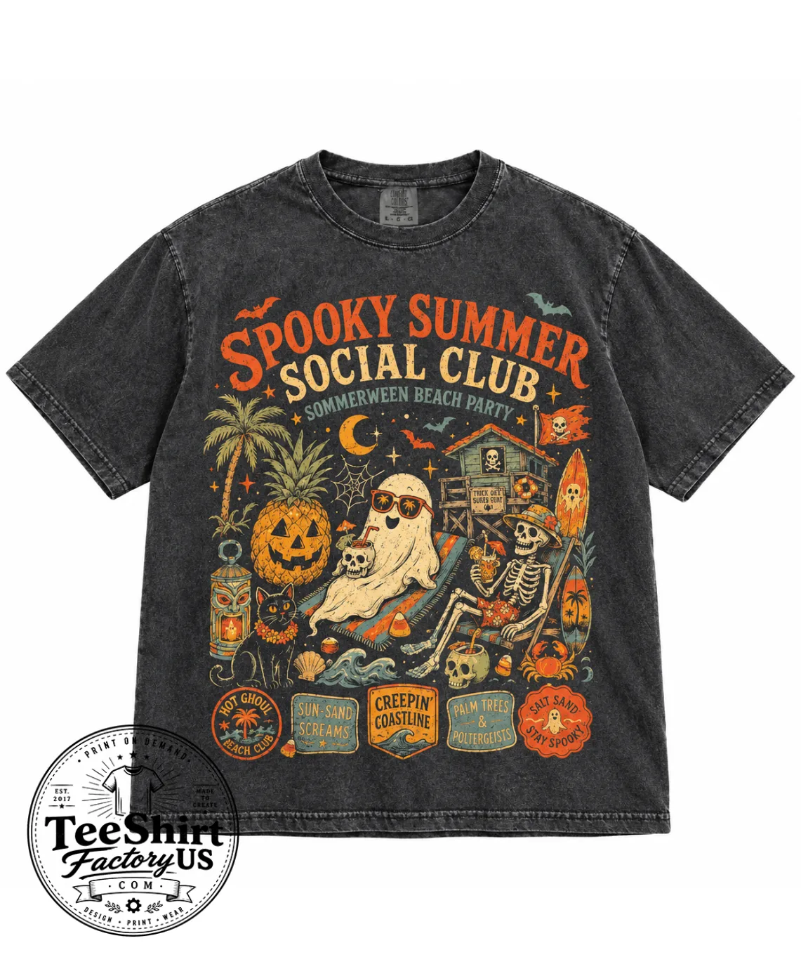Spooky Summer Social Club Shirt, Summerween Halloween Tshirt, Ghost Skeleton Pumpkin Beach Tee, Retro Spooky Surf Graphic Gift