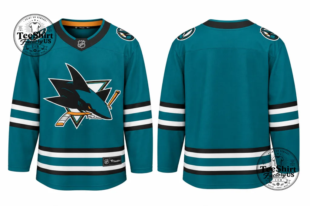 Thiết kế chưa có tên (4) Sharks Hockey Jersey – Classic Teal Shark Hockey Sweater, Vintage-Inspired Ice Hockey Fan Jersey