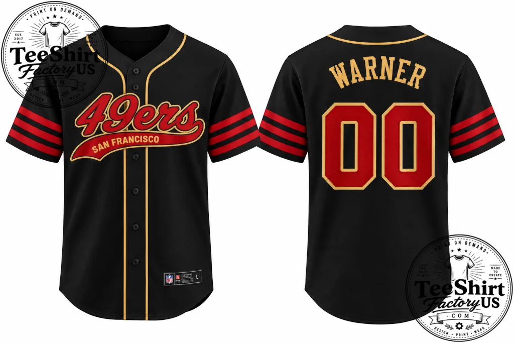 Thiết kế chưa có tên (8) 49ers Baseball Jersey 00 Warner, Black Red Gold Baseball Shirt, Retro Sports Jersey, Game Day Fan Gift