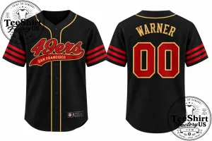 49ers Baseball Jersey 00 Warner, Black Red Gold Baseball Shirt, Retro Sports Jersey, Game Day Fan Gift 1 Thiet ke chua co ten 8