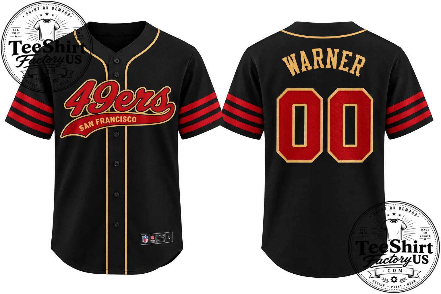 49ers Baseball Jersey 00 Warner, Black Red Gold Baseball Shirt, Retro Sports Jersey, Game Day Fan Gift