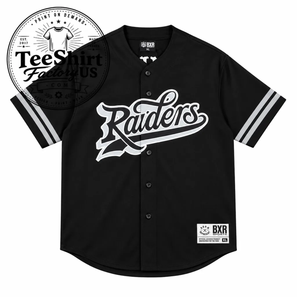 Thiết kế chưa có tên (17) Raiders Baseball Jersey – Classic Black & White Baseball Fan Jersey