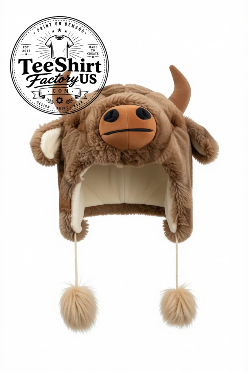 Jungkook BTS Highland Cow Plush Hat, Cute Fuzzy Animal Winter Hat with Ear Flaps and Pom Poms, Kpop Fan Gift