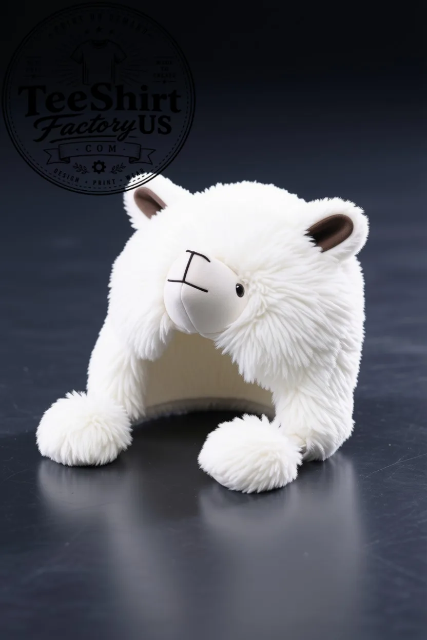 V BTS White Fluffy Sheep Plush Hat, Cute Animal Winter Hat with Ear Flaps and Pom Poms, Kpop Fan Gift