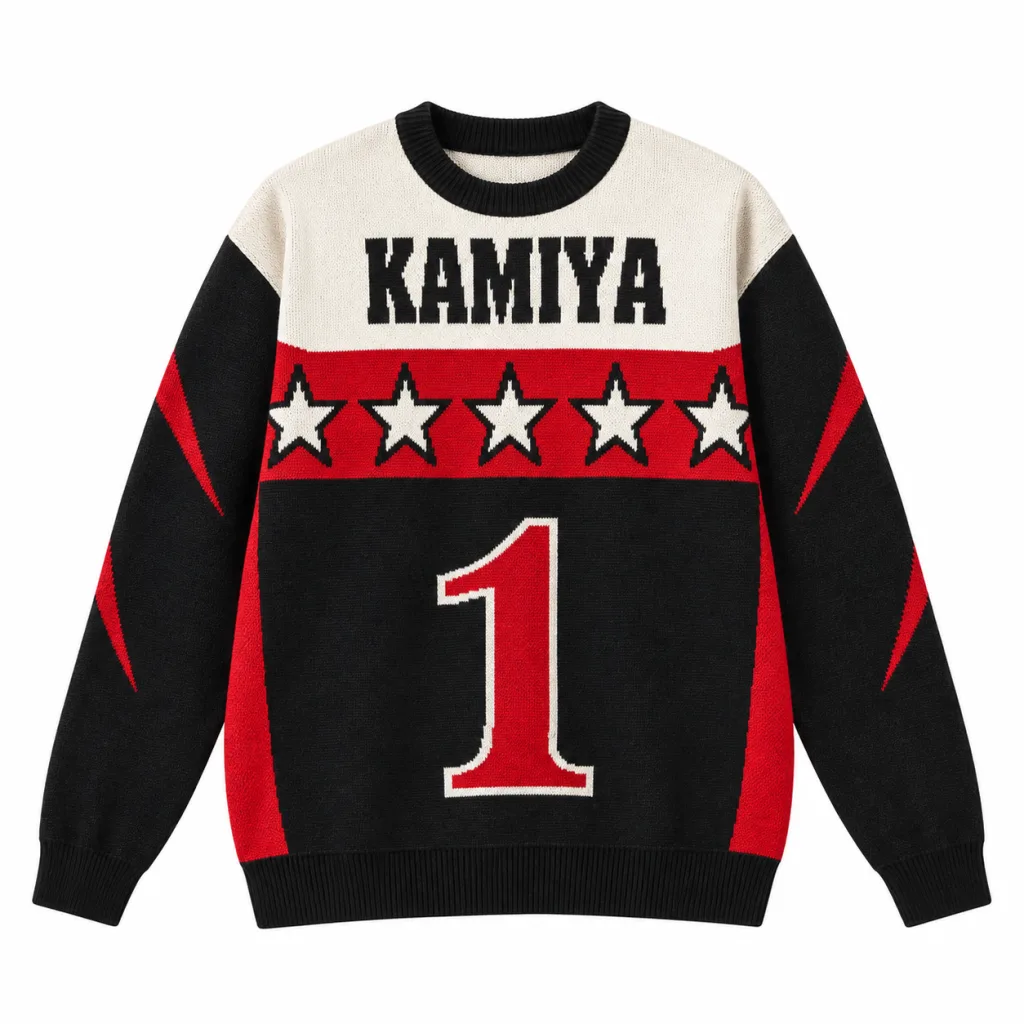 d31fbf63-28f2-4dfd-9b1a-36eb9f432372 Jin BTS Kamiya Sweater – Red & Black Star Pattern Knit Pullover, K-Pop Fan Gift