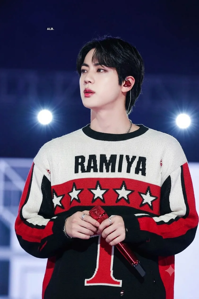 Gemini_Generated_Image_i8e07bi8e07bi8e0 Jin BTS Kamiya Sweater – Red & Black Star Pattern Knit Pullover, K-Pop Fan Gift — image 2